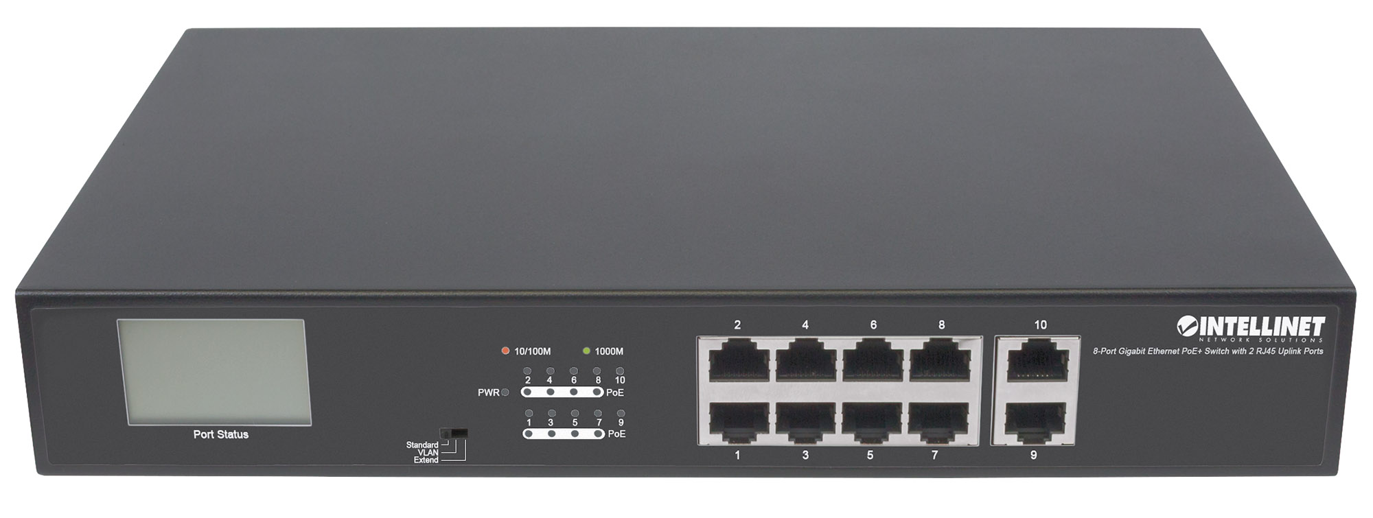 Switch Gigabit Ethernet PoE+ 8 porte con 2 porte RJ45 Uplink e display LCD