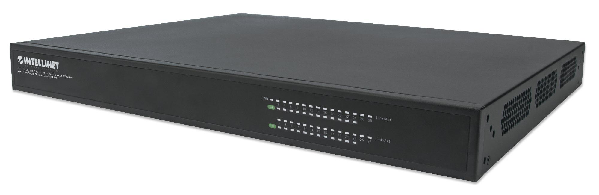 Switch AV Gigabit Ethernet PoE+ a 24 porte 2 SFP e 2 SFP/RJ45
